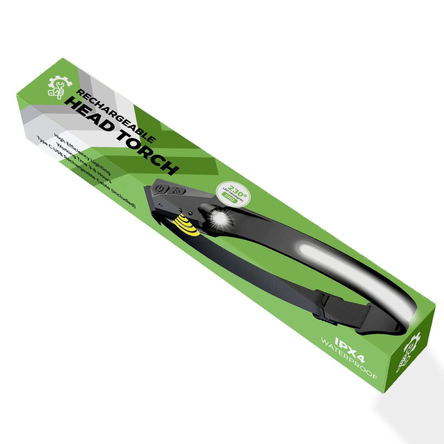230° LED Headlamp – Rechargeable Wide-Beam Head Torch with Motion Sensor