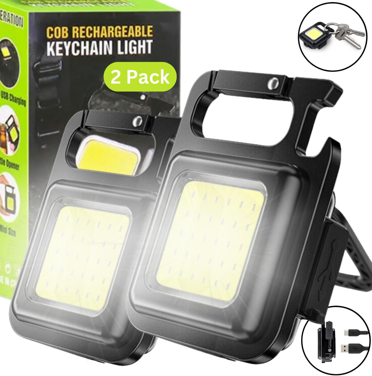 COB-Schlüsselanhänger-Arbeitsleuchte | 1000 Lumen LED, superhell, wiederaufladbar | LED-Schlüsselring-Taschenlampe (Doppelpack)