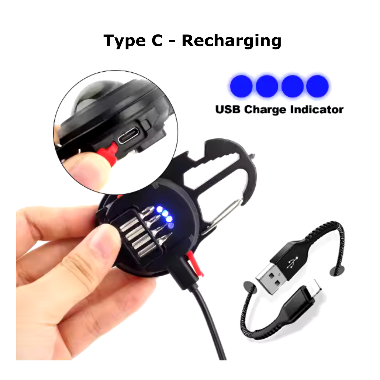 Rechargeable Emergency Keychain Light & Multi Tool – 6 Light Modes, Hammer, Screwdriver, Spanner & Opener