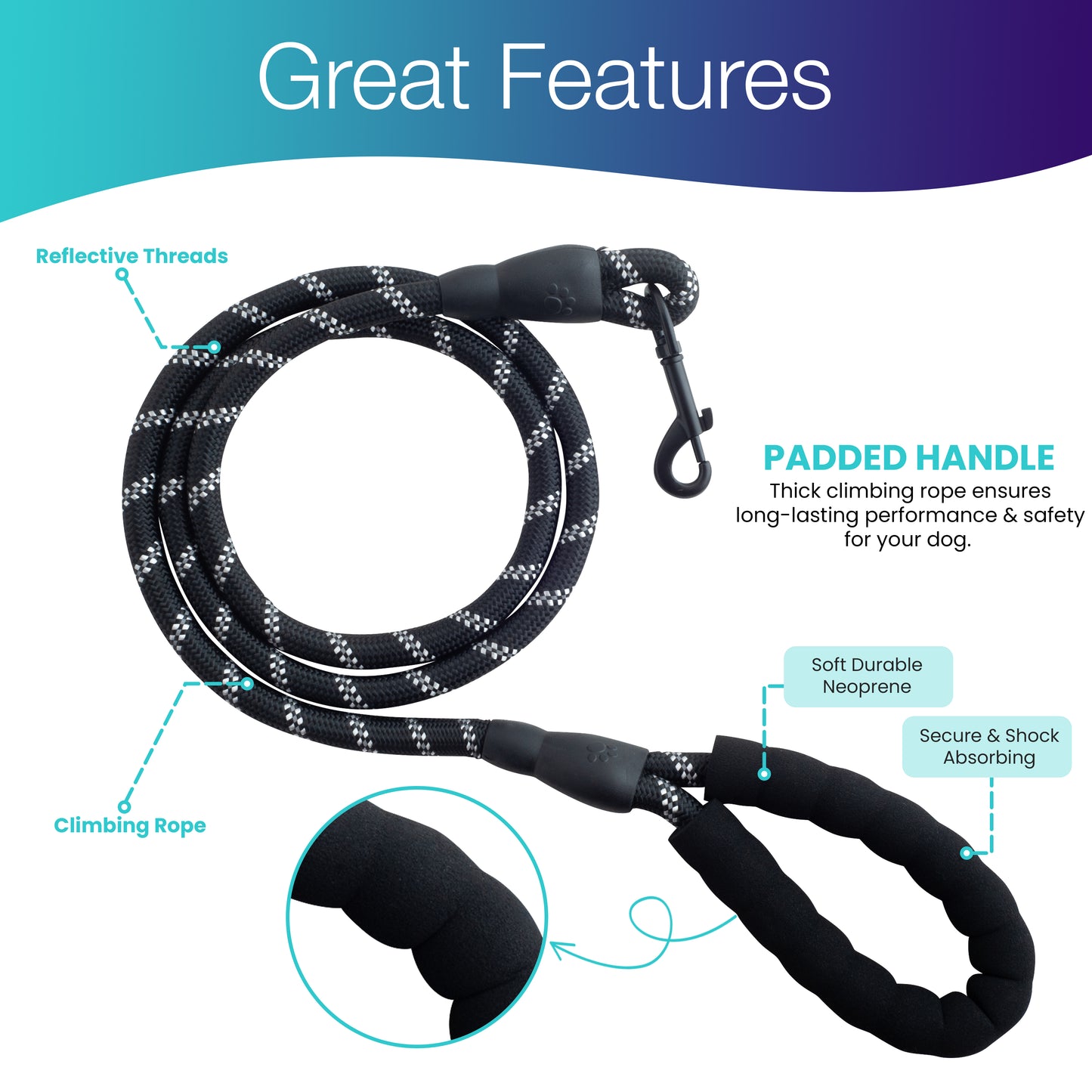 Heavy-Duty Reflective Dog Lead – Black | 13mm Rope Dog Lead for Large Dogs