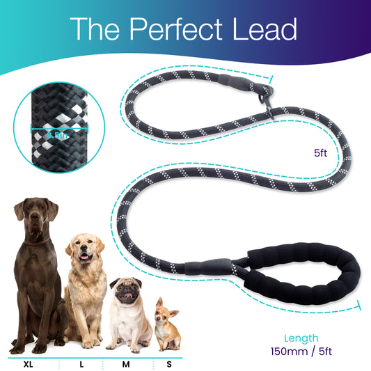 Heavy-Duty Reflective Dog Lead – Black | 13mm Rope Dog Lead for Large Dogs