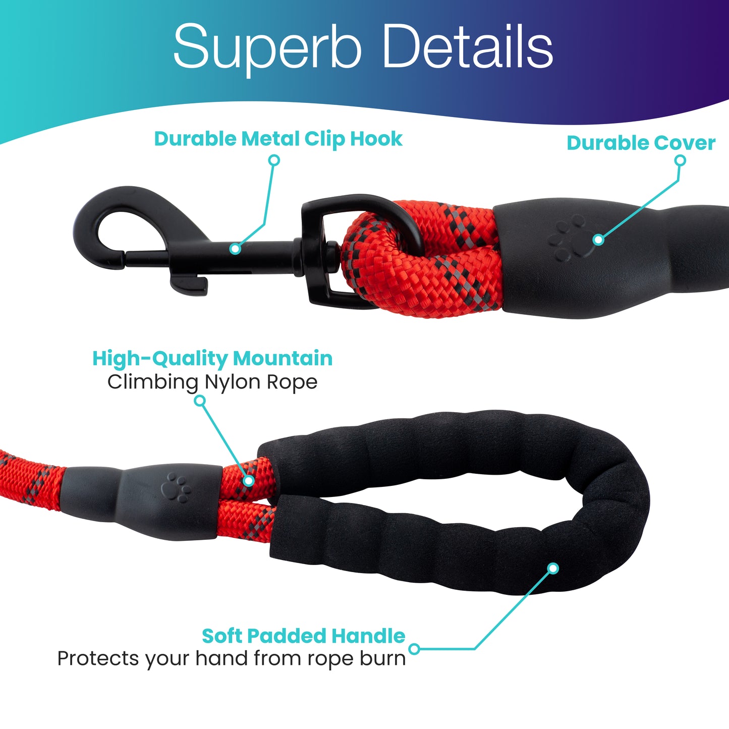 Heavy-Duty Reflective Dog Lead – Red | 13mm Rope Dog Lead for Large Dogs