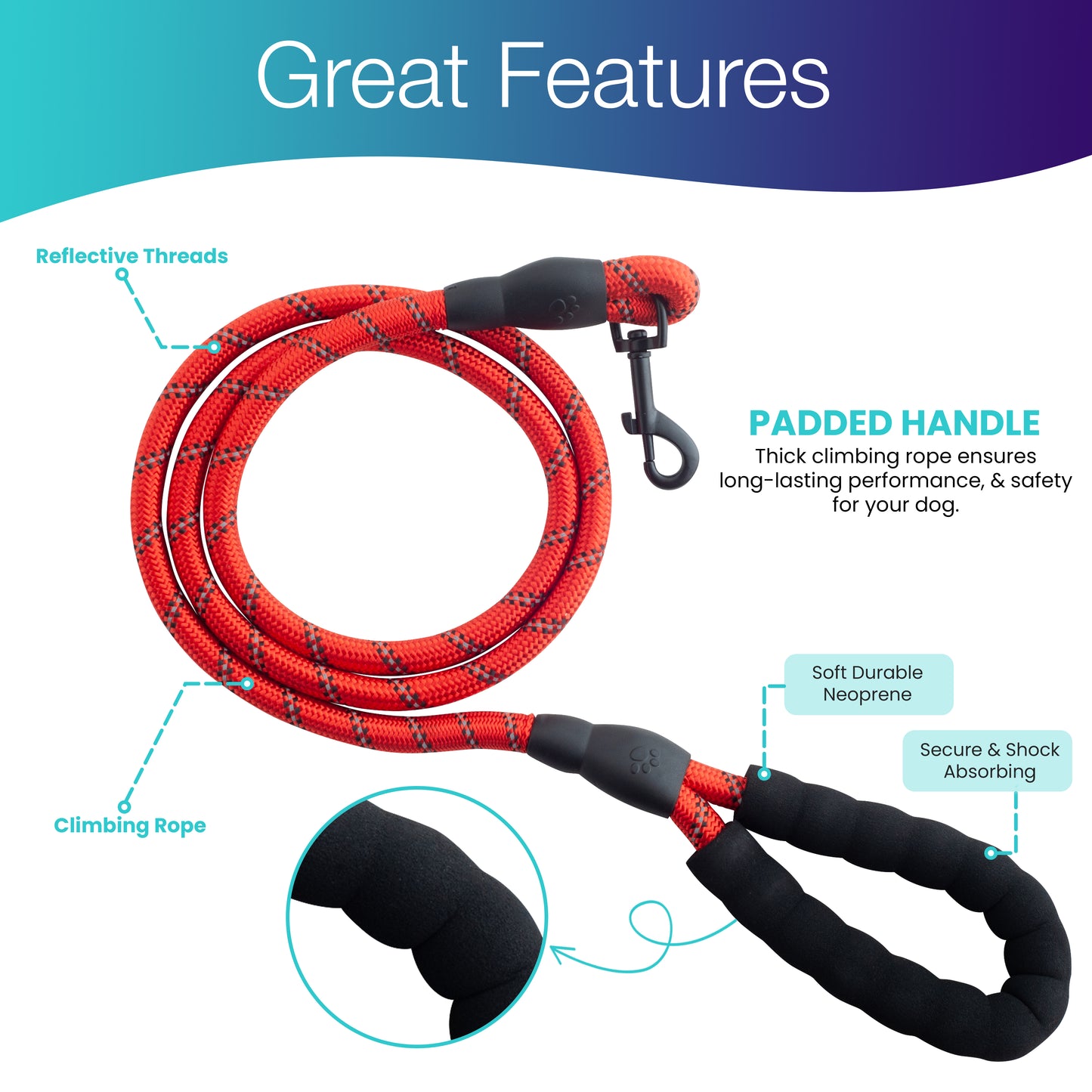 Heavy-Duty Reflective Dog Lead – Red | 13mm Rope Dog Lead for Large Dogs