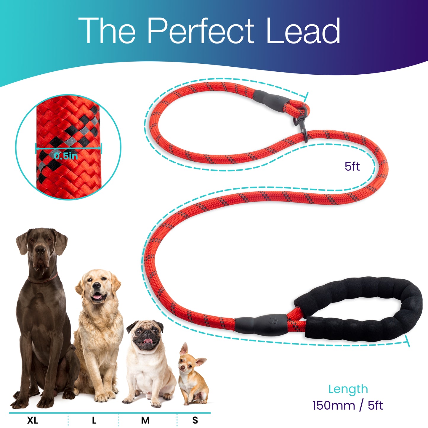 Heavy-Duty Reflective Dog Lead – Red | 13mm Rope Dog Lead for Large Dogs