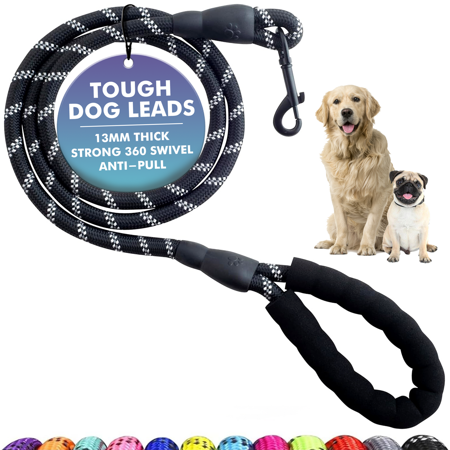 Heavy-Duty Reflective Dog Lead – Black | 13mm Rope Dog Lead for Large Dogs