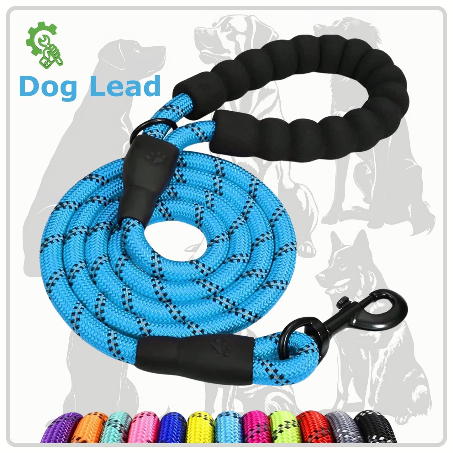 Heavy-Duty Reflective Dog Lead – Cyan | 13mm Rope Dog Lead for Large Dogs