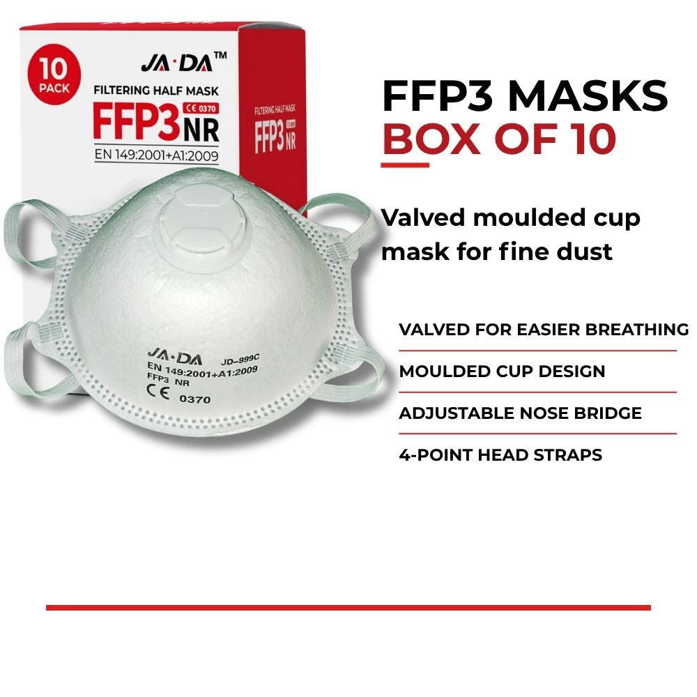 Box of 10 JADA FFP3-NR valved dust masks packaging