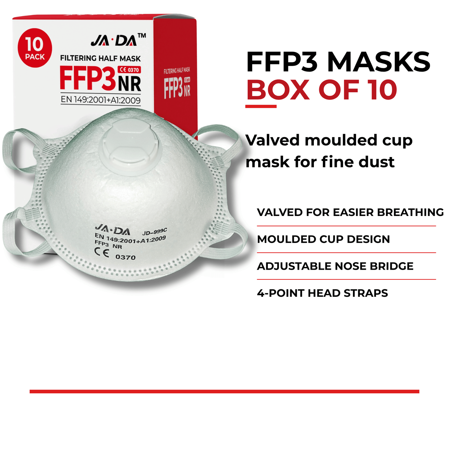 JADA JD999-C FFP3 Face Masks Box of 10 | Moulded Cup Valved Dust Masks