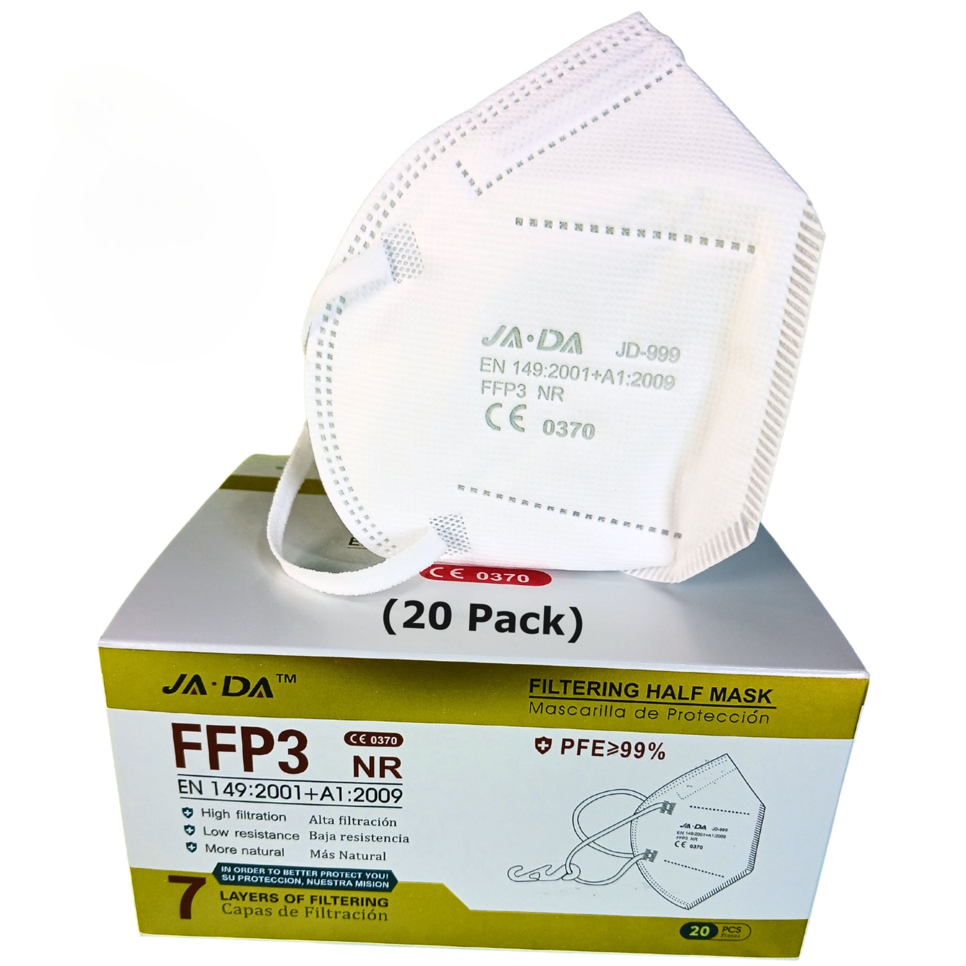 Box of  Spanner In the Works FFP3 NR filtering half masks with a single mask on top.