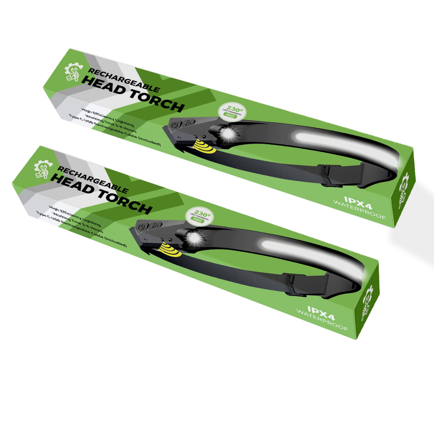 230° LED Headlamp – Rechargeable Wide-Beam Head Torch with Motion Sensor