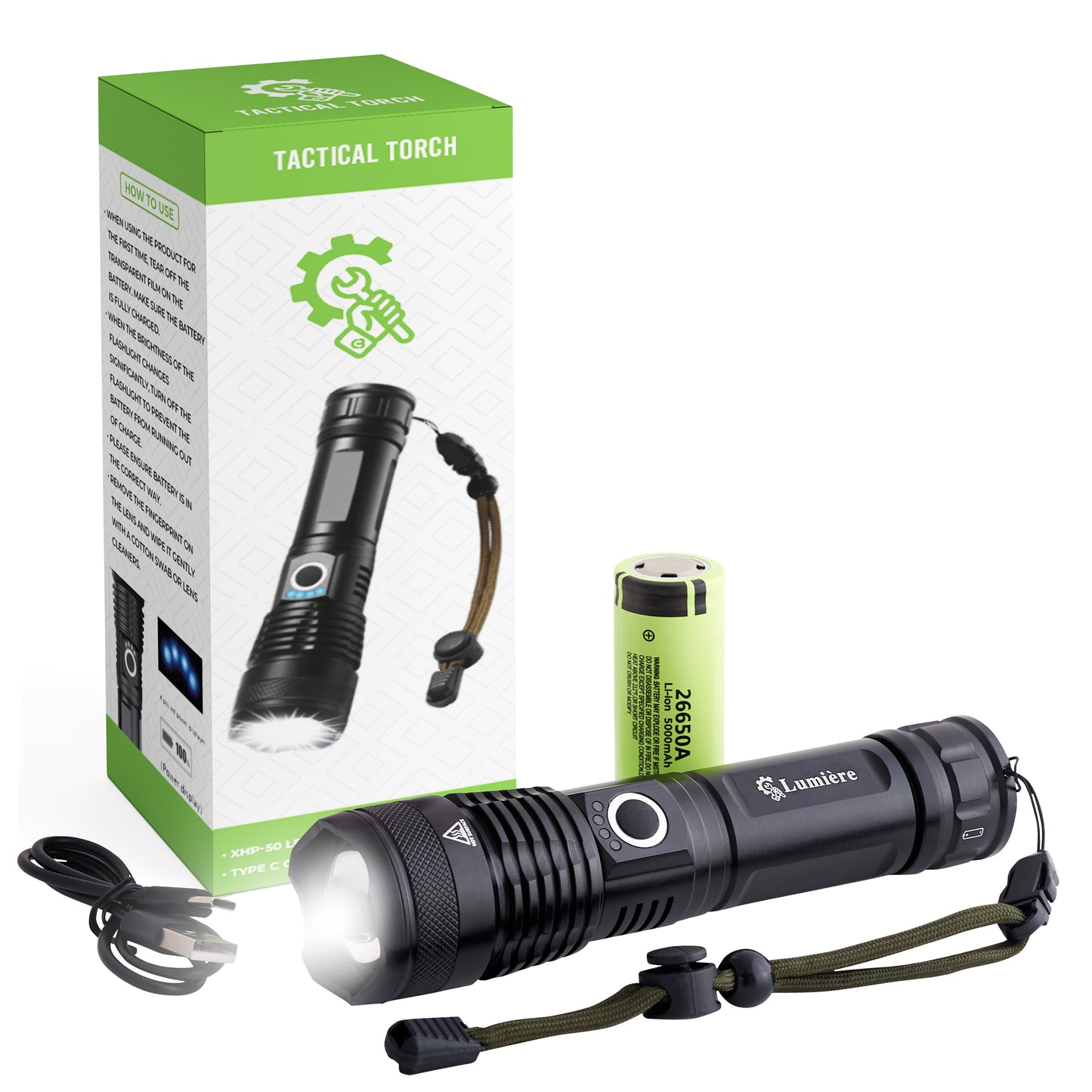 Superhelle wiederaufladbare LED-Taschenlampen – Lumiere LED-Taschenlampe mit leistungsstarkem Lithium-Akku 5000 mAh 26650 und Adaptern für 3 AAA – extrem leistungsstarke Taschenlampe, taktische Taschenlampe.