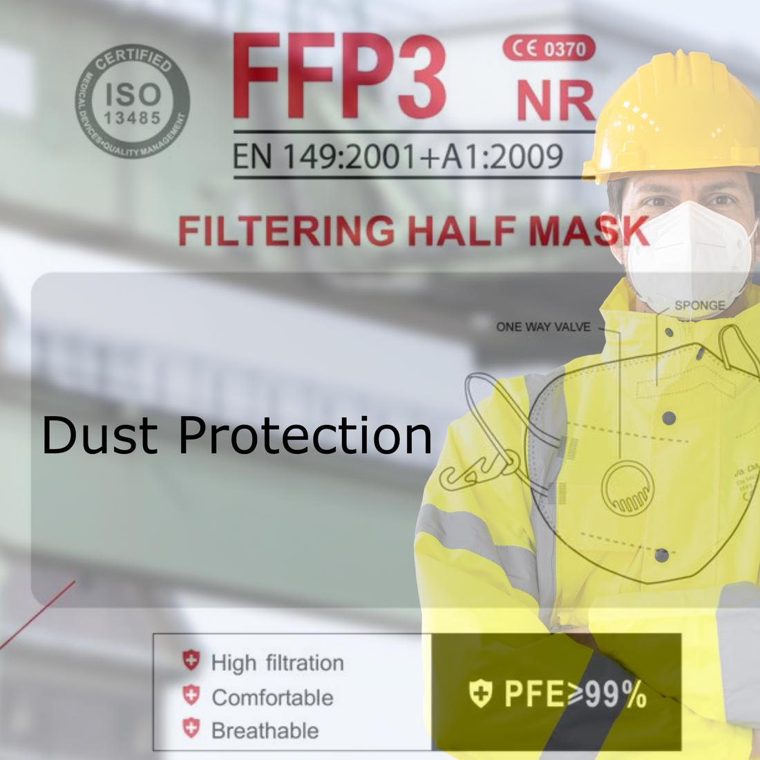 Person wearing an FFP3 vented dust mask on a construction site