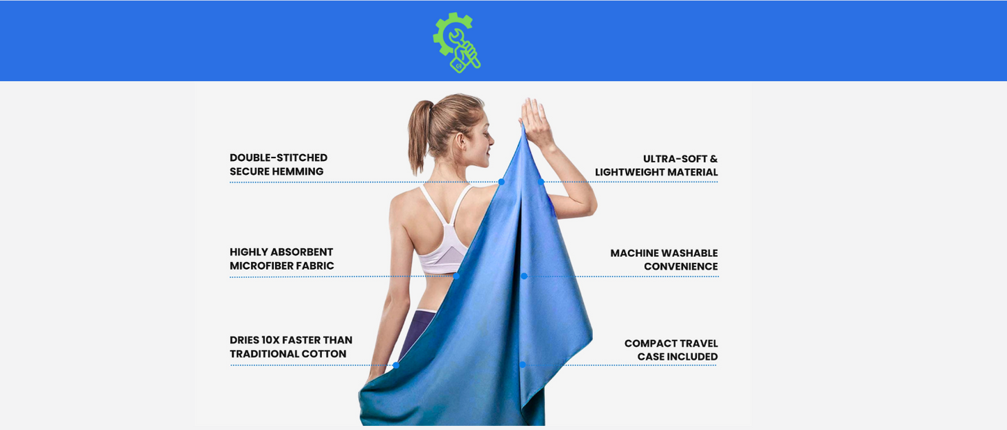 Gym Towel - Travel Towel Quick Dry, Anti Bacterial, Holiday Essential, Great Gym Gift, Blue, Microfibre, Includes Bag, Size (80x40cm, 32x16)