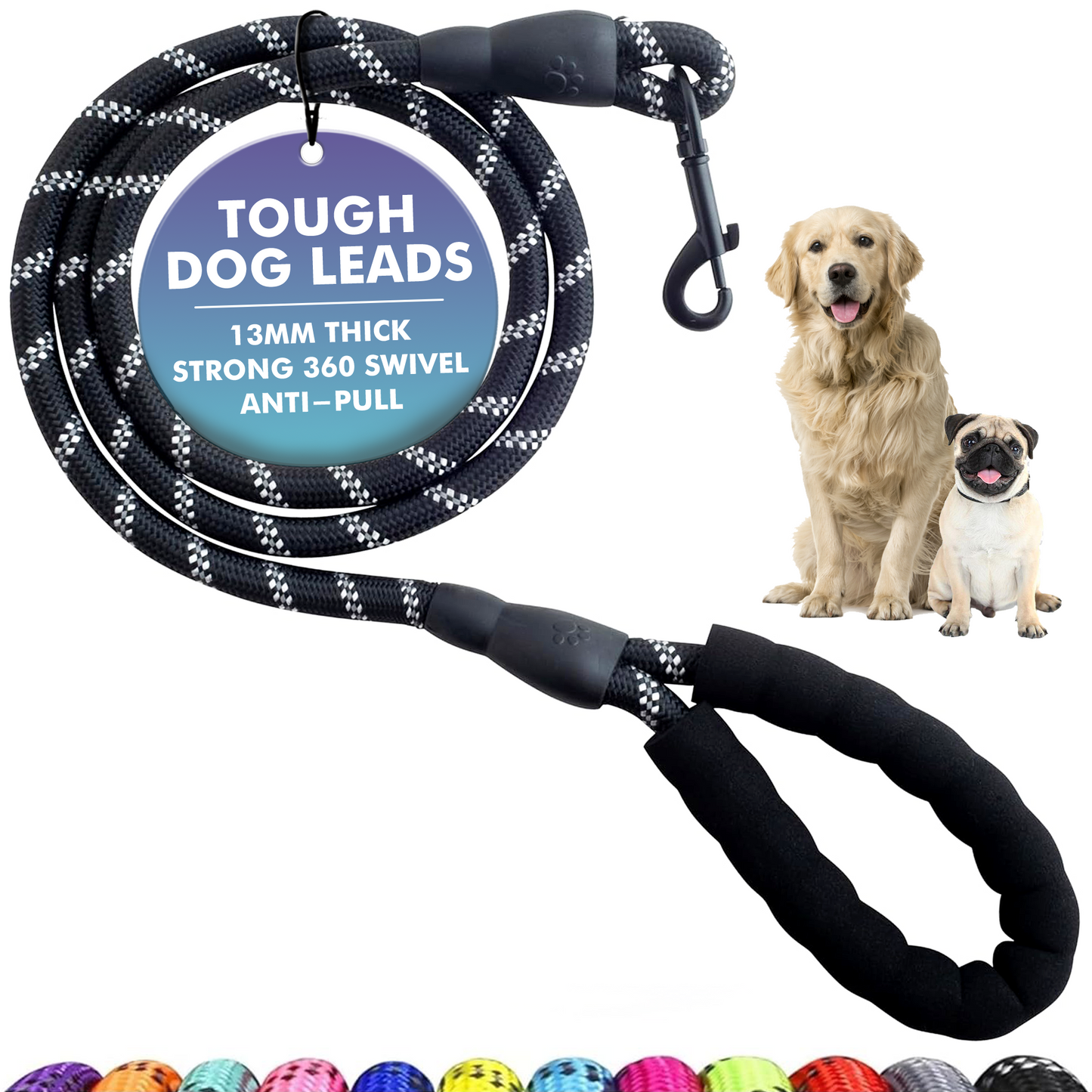 Dog Leads For Large Dogs - Reflective Dog Leashes, 1.5 Metre Long Lead, Thick 13mm Anti Pull Dog Leash- Black Dog Lead, Strong 360 Swivel