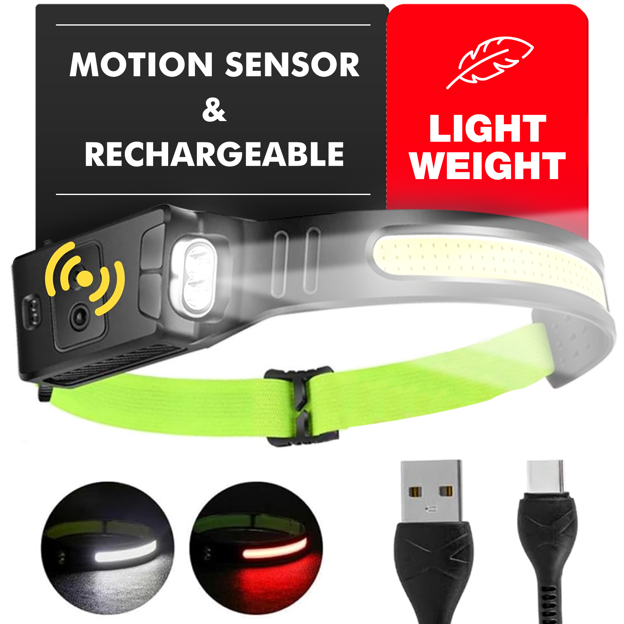 230° LED Head Torch | Rechargeable, Motion Sensor, Red Light ...