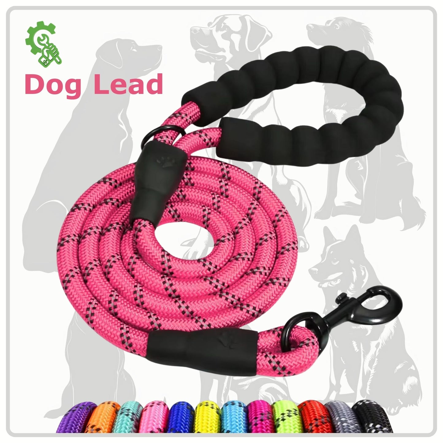 Pink Dog Lead For Large Dogs - Reflective Dog Leashes, 1.5 Metre Long Lead, Thick 13mm Anti Pull Dog Leash | Comfort Handle, Very Strong 360 Swivel