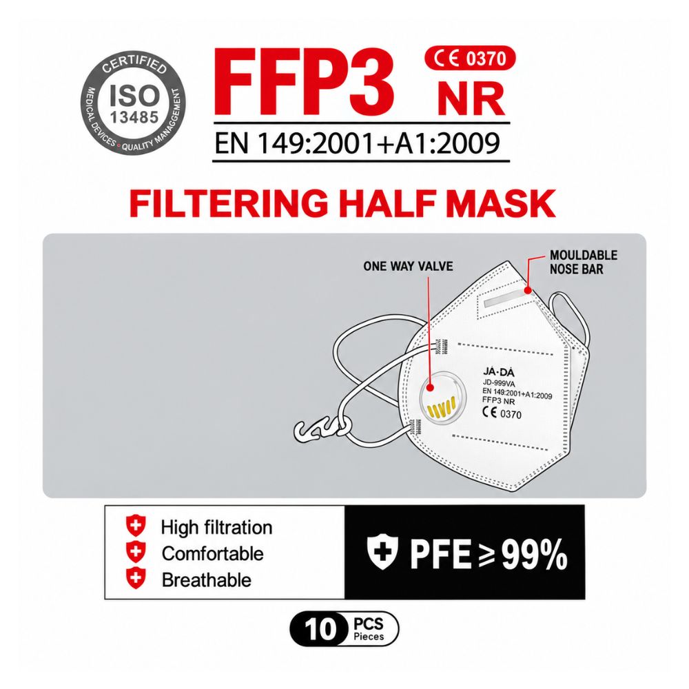 CE and UKCA certification marks on Spannerlife FFP3-NR vented dust mask packaging, EN149 compliant