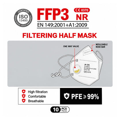 CE and UKCA certification marks on Spannerlife FFP3-NR vented dust mask packaging, EN149 compliant