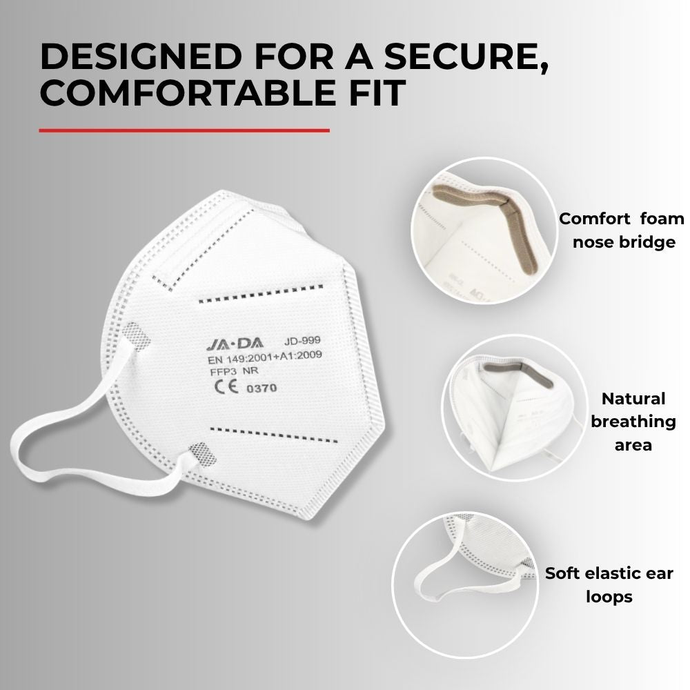 Close-up of the secure, comfortable fit and adjustable nose clip on the Spannerlife FFP3-NR unvented dust mask