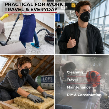 Suitable use cases for the black Spannerlife FFP3-NR dust mask, including DIY, construction and cleaning