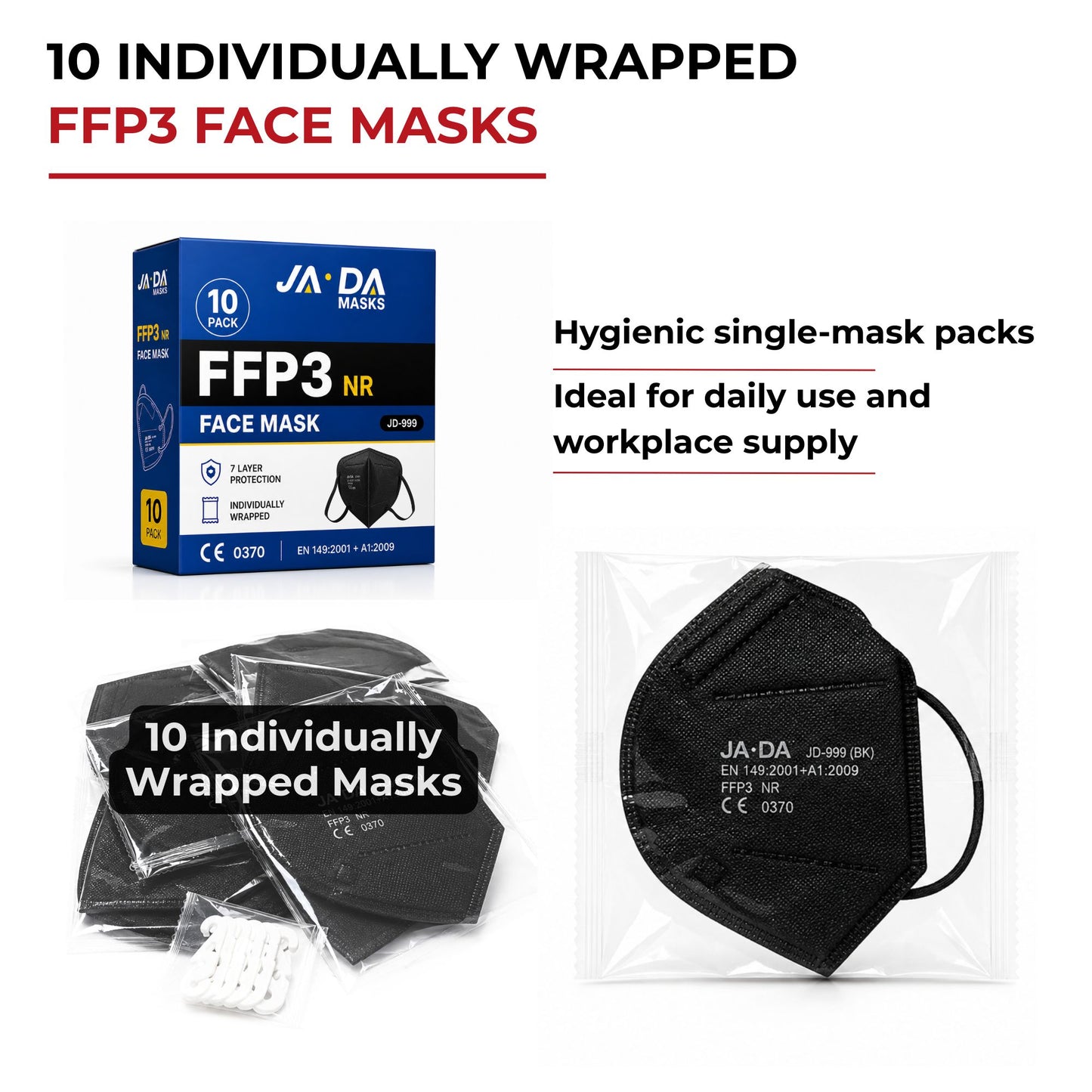 FFP3 Face Masks UK Certified EN149 Pack of 10 - Black, Individually Wrapped, Disposable