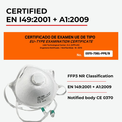 CE and UKCA compliance certification marks for the JADA FFP3-NR valved dust mask