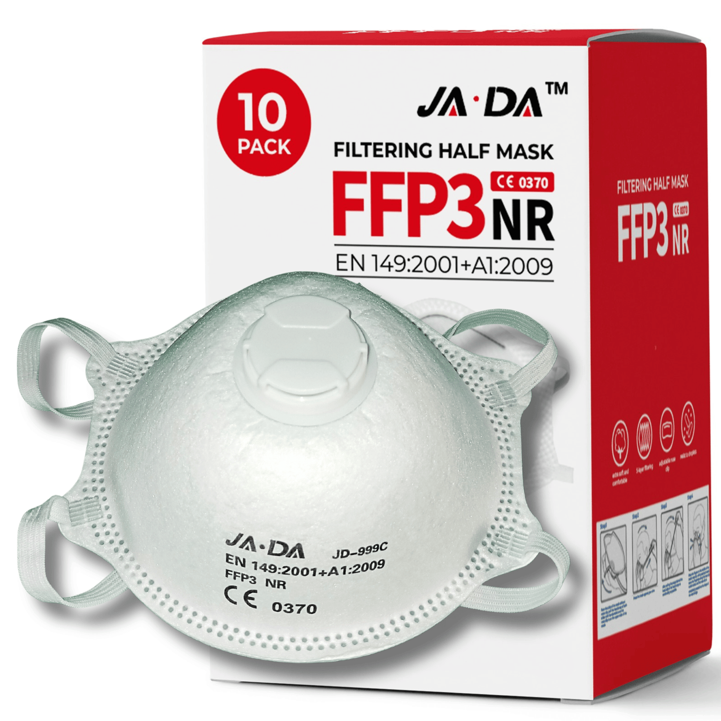 JADA JD999-C FFP3 Face Masks Box of 10 | Moulded Cup Valved Dust Masks