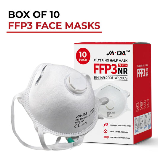 Box of 10 JADA FFP3-NR valved dust masks showing pack size and value for money