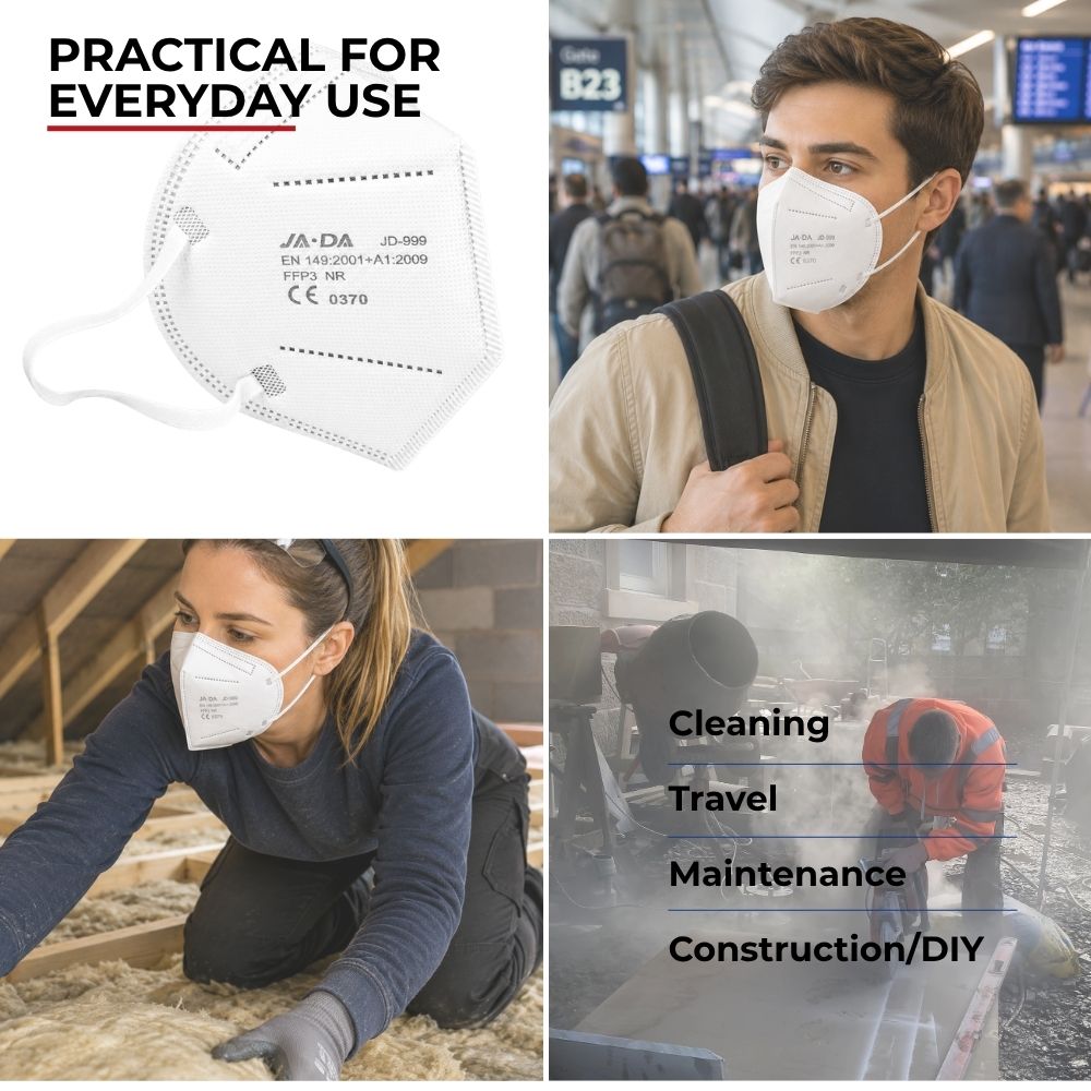 Suitable use cases for the white Spannerlife FFP3-NR dust mask, including DIY, construction and cleaning