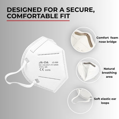 Close-up of the secure, comfortable fit and adjustable nose clip on the white Spannerlife FFP3-NR dust mask