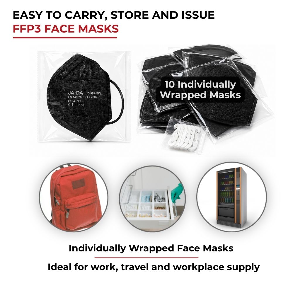 Individually wrapped black Spannerlife FFP3-NR dust mask packet
