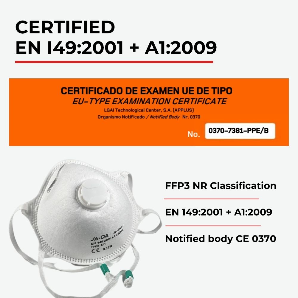 CE and UKCA compliance certification marks for the JADA FFP3-NR valved dust mask