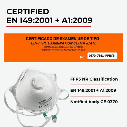 CE and UKCA compliance certification marks for the JADA FFP3-NR valved dust mask