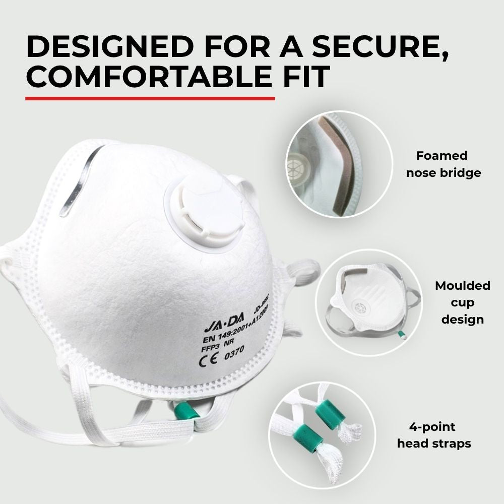 Close-up of the fit and comfort features of the JADA FFP3-NR valved dust mask, including adjustable straps