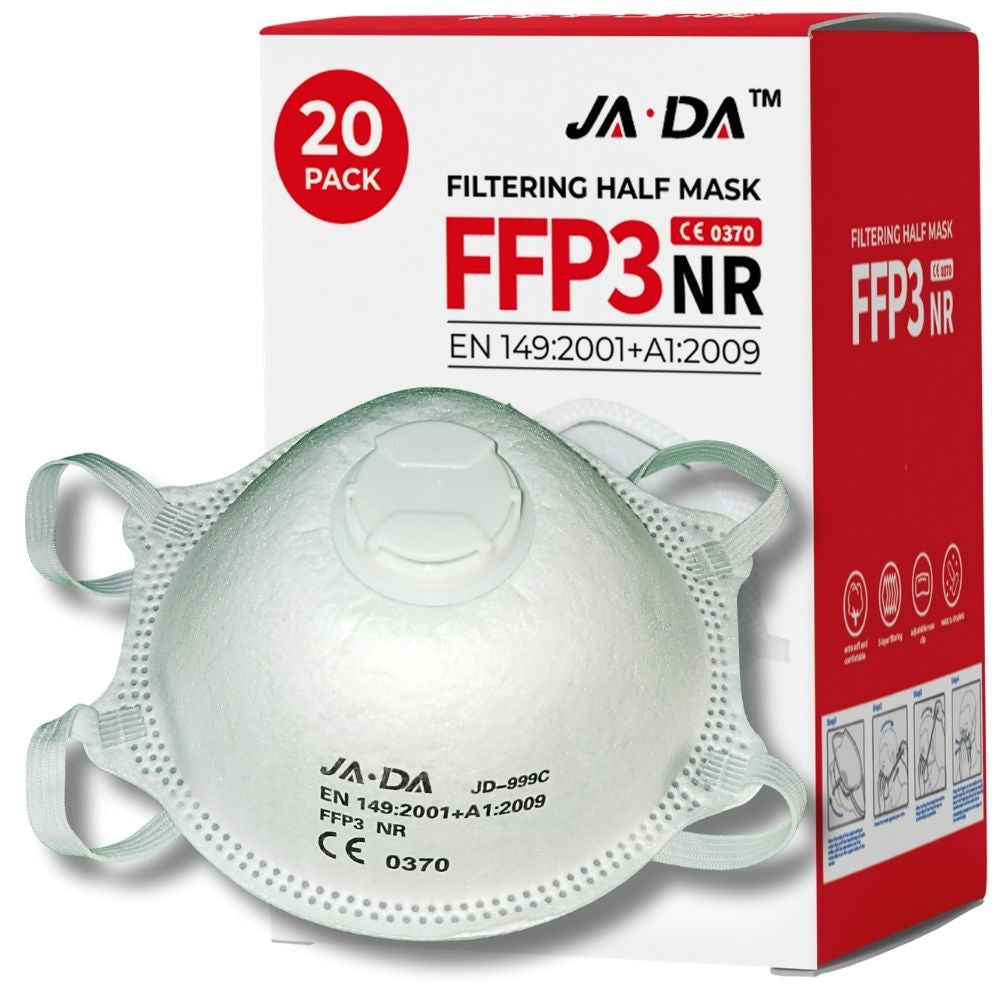 JADA FFP3-NR valved dust masks, box of 20, moulded cup respirators