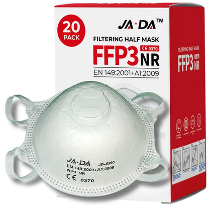 JADA FFP3-NR valved dust masks, box of 20, moulded cup respirators