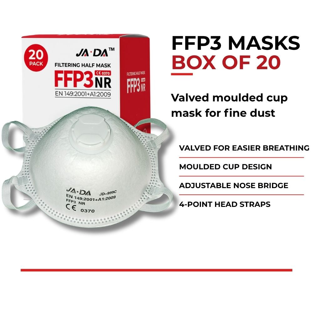 JADA FFP3-NR valved dust mask shown from a side angle highlighting the moulded cup design