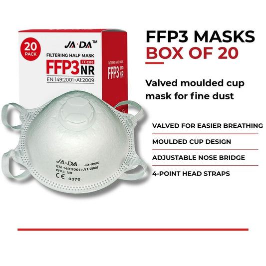 JADA FFP3-NR valved dust mask shown from a side angle highlighting the moulded cup design