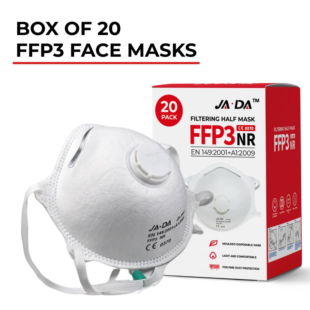 Box of 20 JADA FFP3-NR valved dust masks showing pack size and value for money