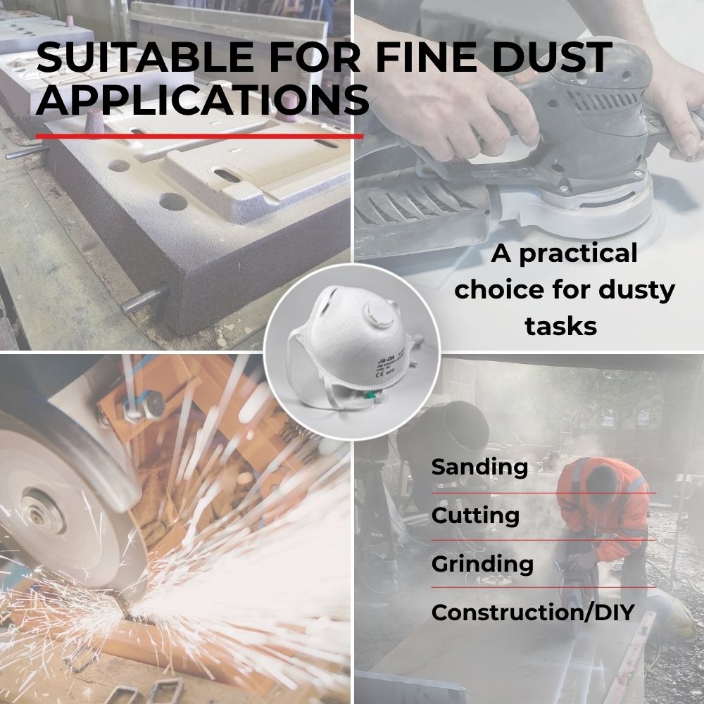 Suitable use cases for the JADA FFP3-NR valved dust mask, including construction, sanding and DIY work
