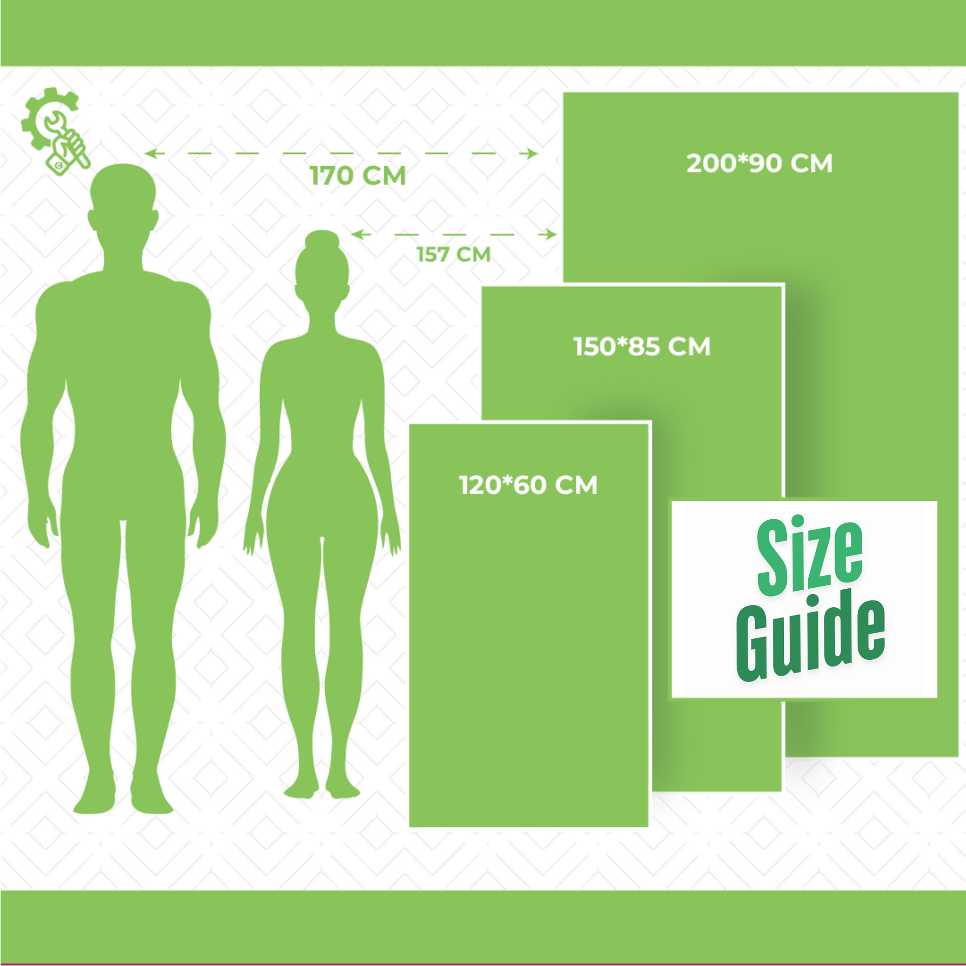 Spannerlife Microfibre Towel Size guide with green silhouettes of a man and woman and dimensions on a white background