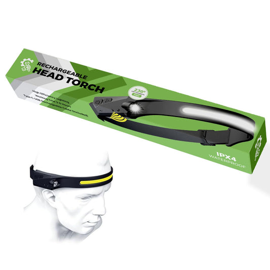 Spannerlife Rechargeable head torch with packaging on a white background