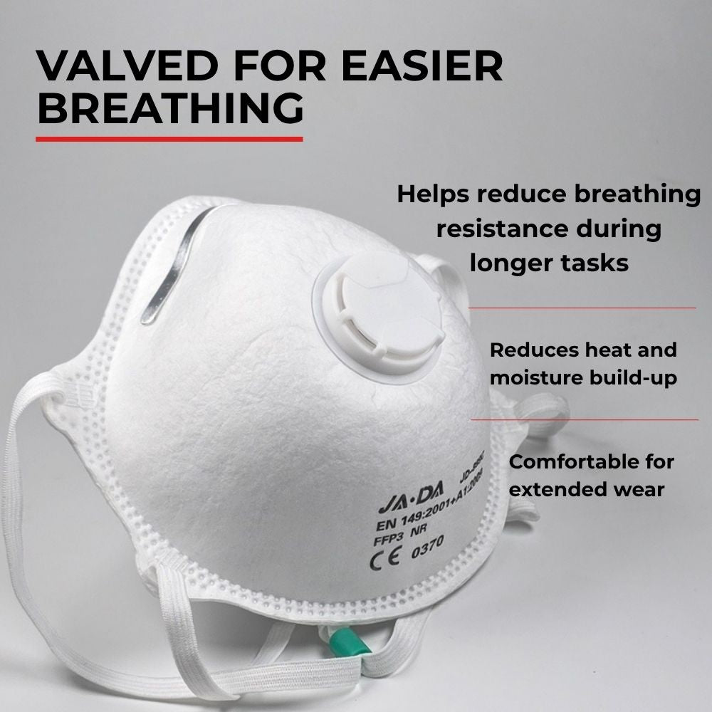 Diagram explaining the exhalation valve benefit on the JADA FFP3-NR valved dust mask for easier breathing