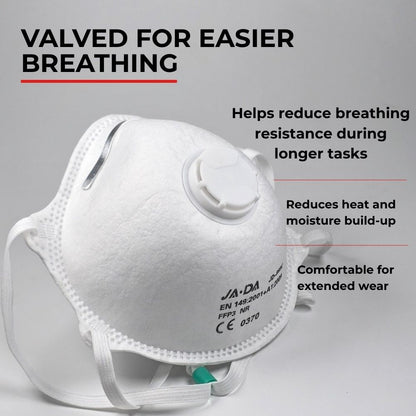 Diagram explaining the exhalation valve benefit on the JADA FFP3-NR valved dust mask for easier breathing