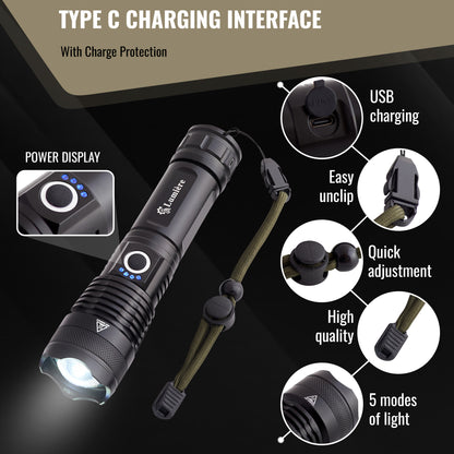 Torches LED Super Bright Rechargeable - Lumiere LED Torch with Powerful Lithium 5000 Mah 26650 Battery - Extremely Powerful Torch, Tactical Flashlight.