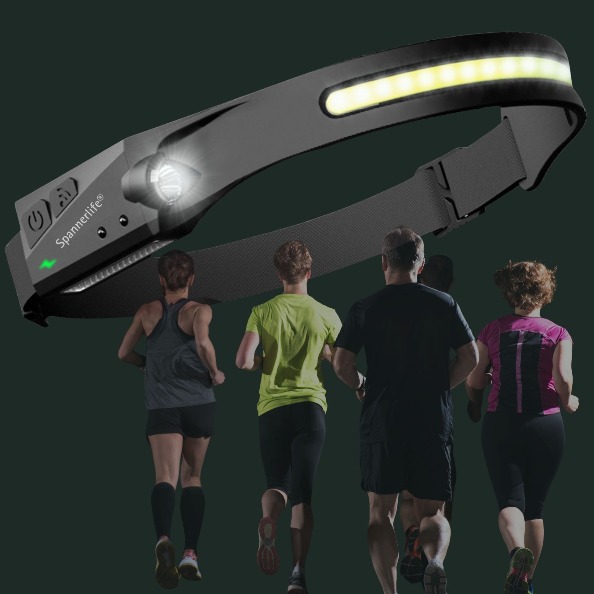 Rechargeable LED head torch worn outdoors at night for running camping and walking