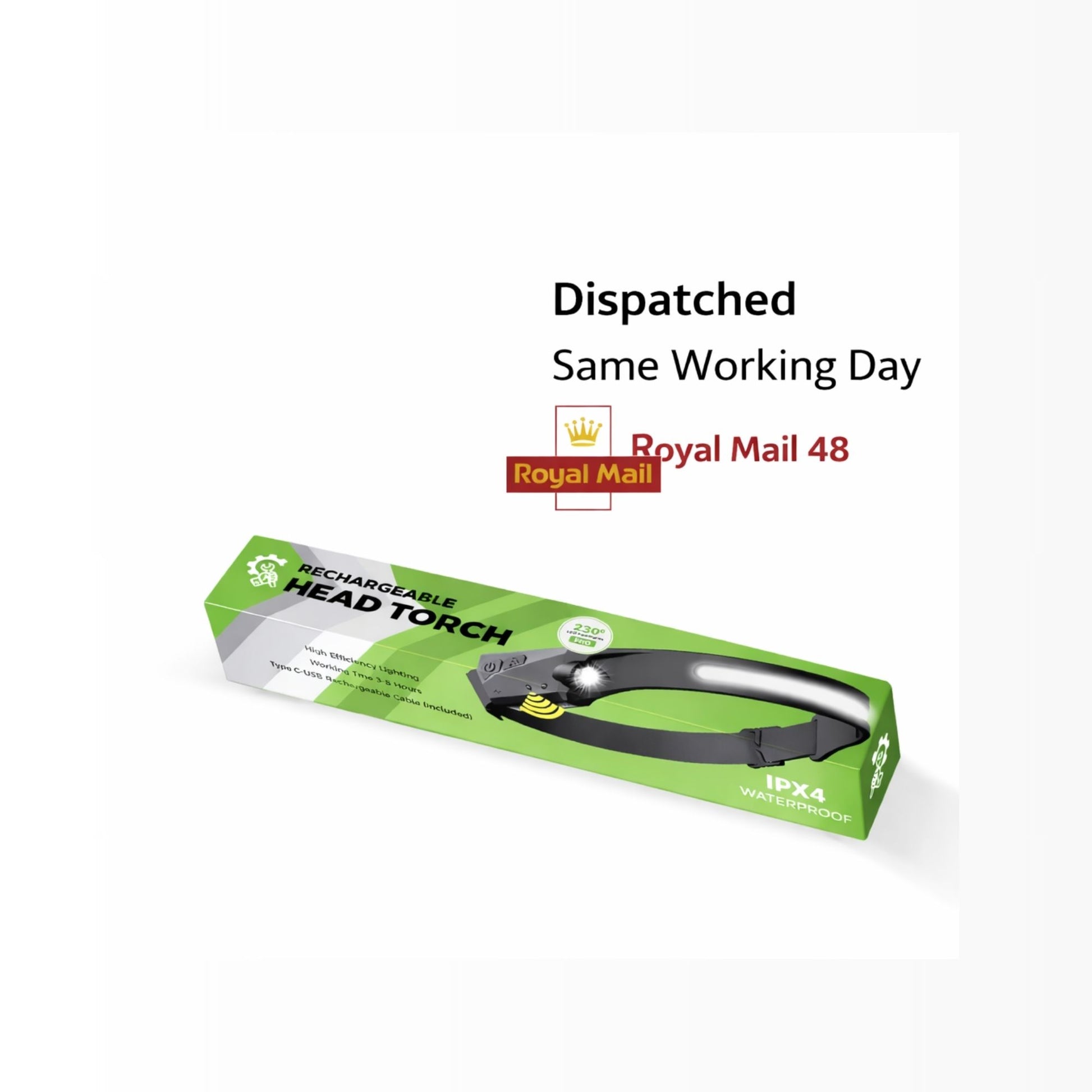 Spannerlife rechargeable head torch packaging with same day dispatch and Royal Mail tracked delivery