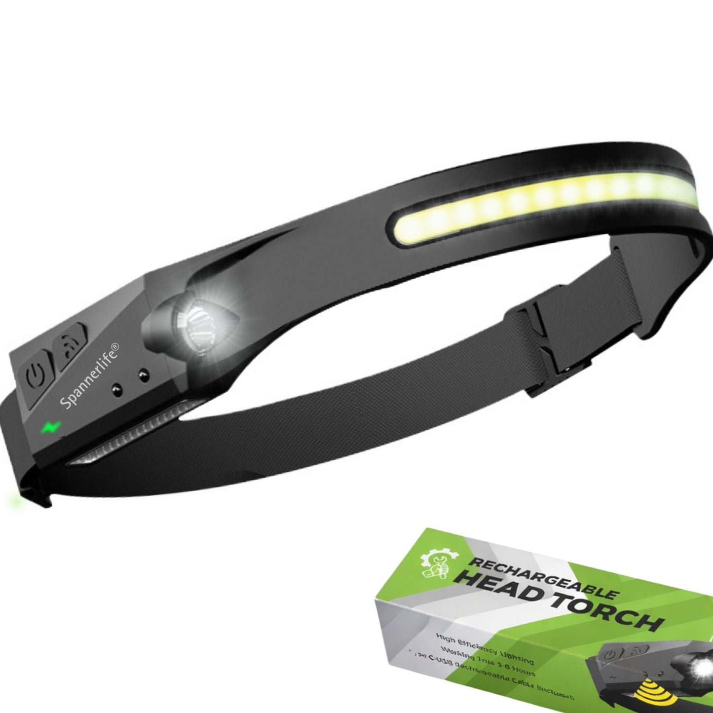 Spannerlife rechargeable LED head torch with adjustable elastic headband and branded packaging